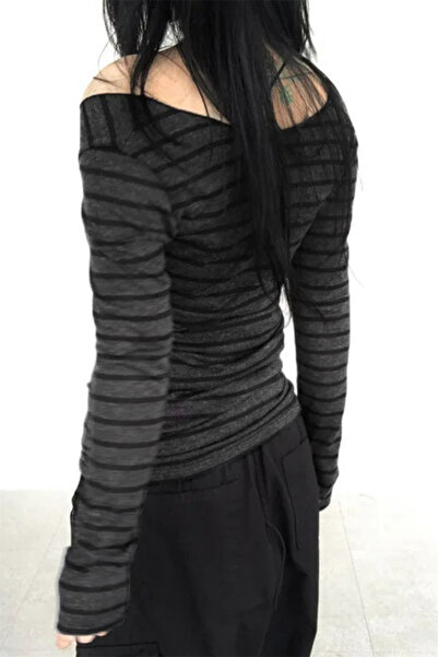 Karakedi Γκρι κολάρο Madonna Μαύρη ριγέ μακρυμάνικη περικοπή