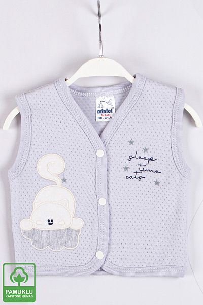 Miniel Unisex Baby Starry Cat Embroidered Organic Cotton 1-3-6-9 Months Quilted Baby Vest - Gray