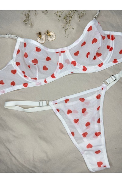 ROZENİN LINGERIE Κόκκινη καρδιά Λευκό Underwire Κοστούμι σουτιέν από τούλι χωρίς καπάκι (ΣΟΥΤΙΕΝ-ΤΑΝΓΚΟ)
