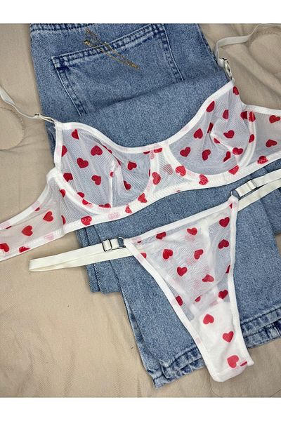 ROZENİN LINGERIE Set sutien alb cu sârmă fără cupă din tul cu inimă roșie (SUTIEN-TANGA)