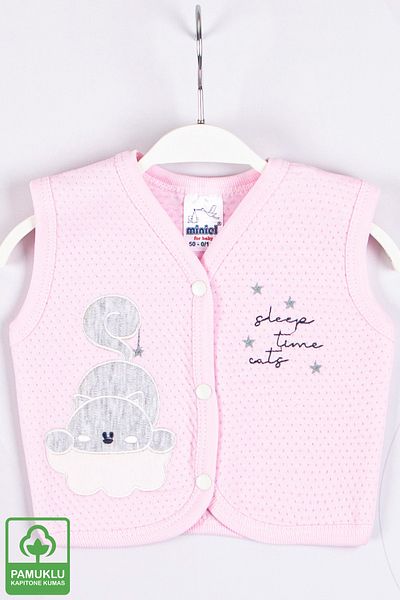 Miniel Baby Girl Starry Cat Embroidered Organic Cotton 1-3-6-9 Months Quilted Baby Vest - Pink