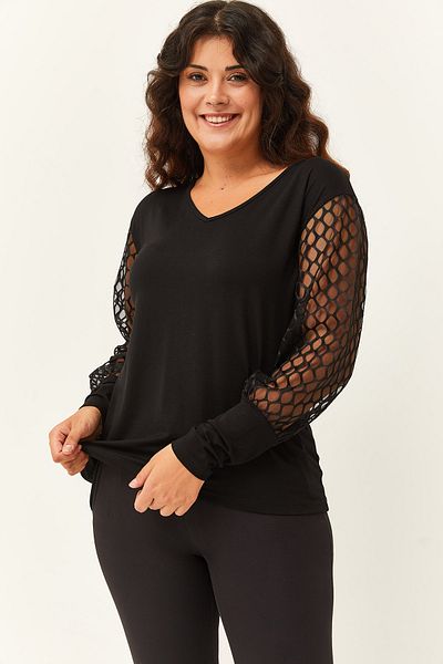 Ebsumu Women's Plus Size V-Neck Sleeve Detailed Black Blouse