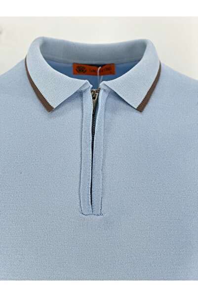 T&M Vertino Fermuarlı Çizgi Desenli Polo Yaka Triko Kazak – Bebe Mavisi