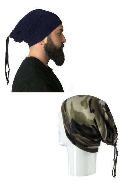 NOVAHAVEN قطعتان من قبعة صوف برباط وطوق للرقبة باللون الأزرق الداكن المموه