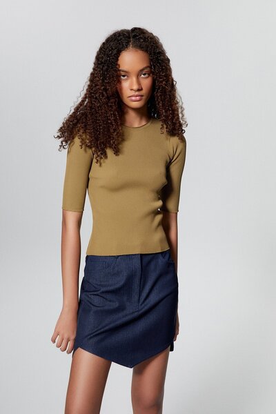 rue Haki Basic Kısa Kollu Triko Bluz