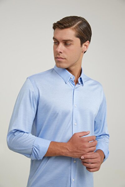 Damat Slim Fit Mavi Oxford Lora Piana Merserize Örme Gömlek