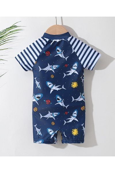 SAPS Astronaut Sharks Printed Legged Swimsuit With Cap - Navy Blue