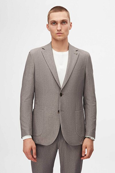 Tween Slim Fit Bej Çizgili Kumaş Ceket