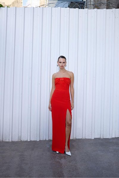 rue. Strapless Slit Red Dress