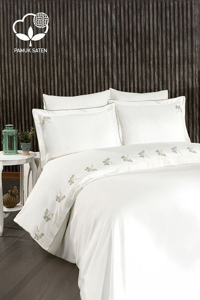 Nazik Home Set cuvertură dublă din satin de bumbac, brodat floral Sementa, 6 piese