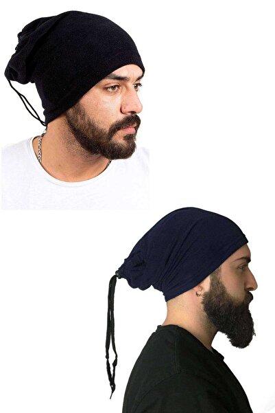 CT STONES 2 Pcs Fleece Drawstring Beanie and Neck Collar Black Navy Blue