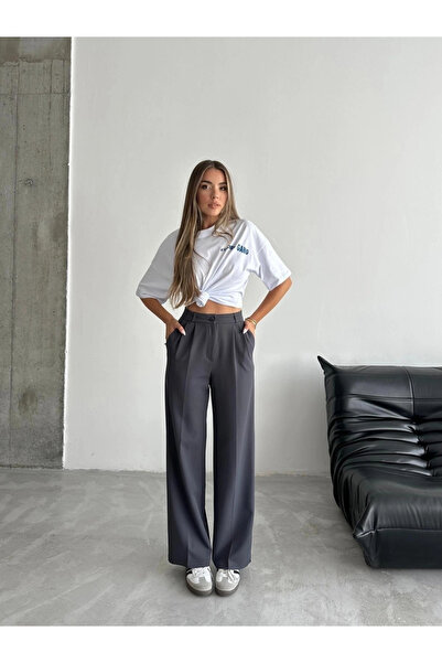 Leo Ferre Gri Beli Lastikli Cepli Palazzo Kadın Pantolon