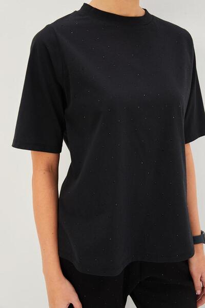 Allyco Πλεκτό μπλουζάκι Crew Neck Stone Μαύρο Άνετο Πλεκτό