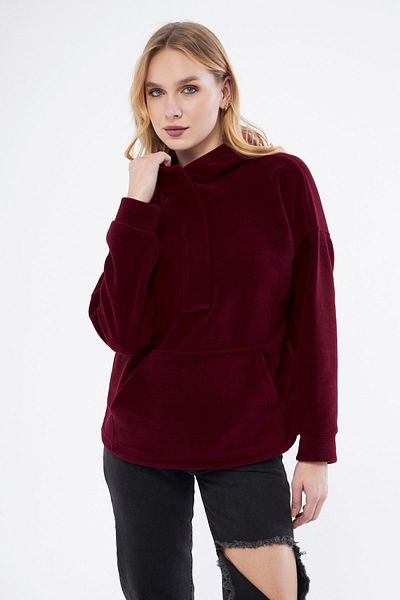 PONÇİK Women's Collar Zippered Hooded Oversi?ze Fleece Fabric Sweatshirt 23587-burgundy
