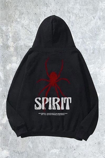 ACTIVE MODA Unisex Black Spirit Print Oversize Hooded Sweatshirt