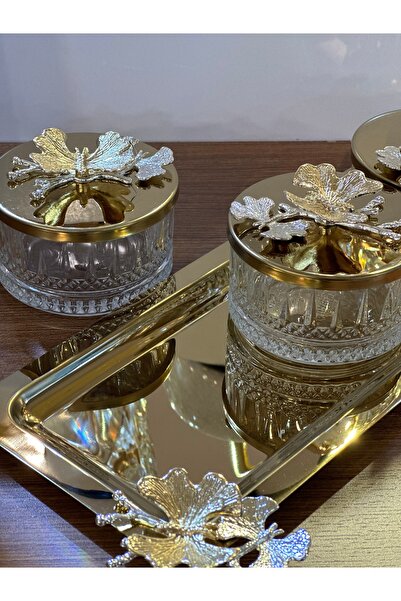 pırıltı home 3’LÜ TEPSİLİ GOLD DRAJELİK-SUNUMLUK-BAHARAT TAKIMI