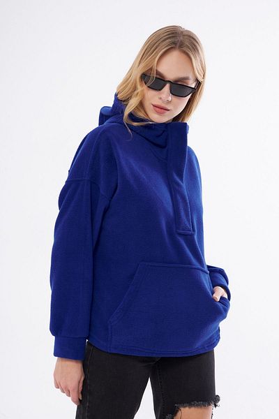 PONÇİK Women's Collar Zippered Hooded Oversi?ze Fleece Fabric Sweatshirt 23587-sax