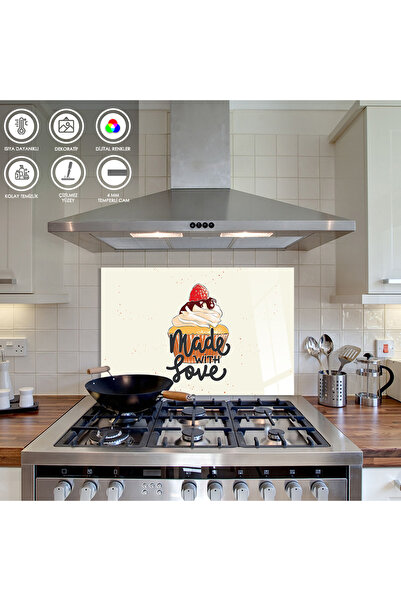 Zevahir Mobilya Dekorasyon Ocak Arkası Temperli Cam Cupcake Çizimli "Made Wit...