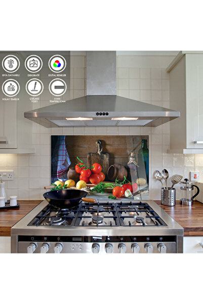 Zevahir Mobilya Dekorasyon Ocak Arkası Temperli Cam Mutfak Tezgahında Sebzeli