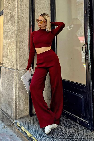 VOLT CLOTHİNG Damen-Set mit halbem Fisherman-Strickpullover, Crop-Pullover, Hose, Strickwaren, Bottom-Top