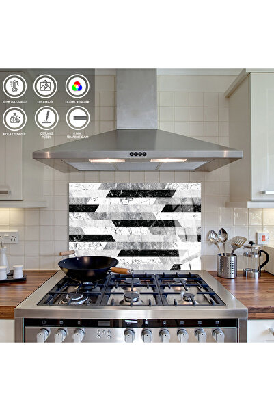Zevahir Mobilya Dekorasyon Ocak Arkası Temperli Cam Siyah ve Beyaz Mermer Des...