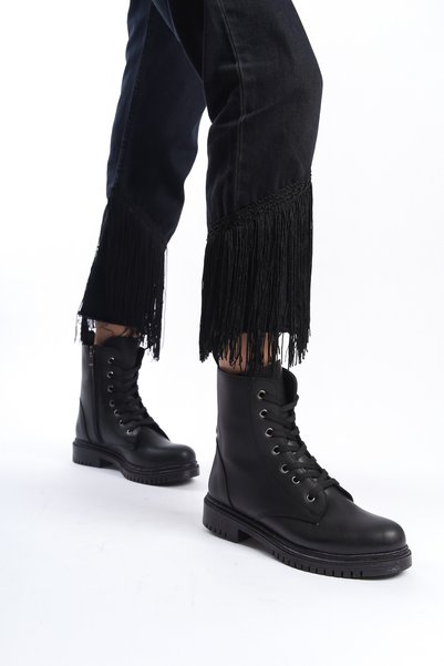 ELMANDO Women's Boots Zippered Inner Warm Asıtar Waterproof Non-Slip Rubber Sole Winter Lace-up Black Boots