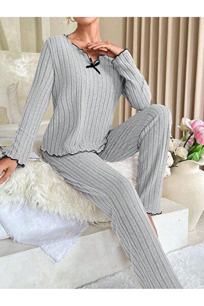 BELLA NOTTE Šedá bavlněná souprava na spaní s mašlí