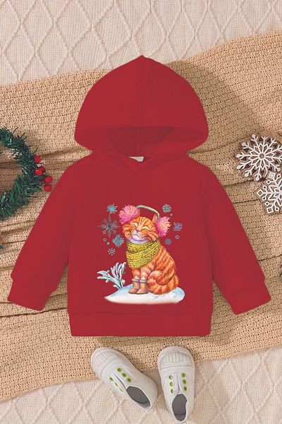 ADABEBEK New Year's Special Kitty Playing in the Snow Printed Baby Sweatshirt 10146