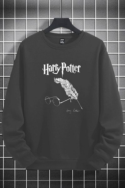 MAD COLLECTİON - Unisex Women Men Harry Potter Printed O-Neck Black Fleece Sweatshirt