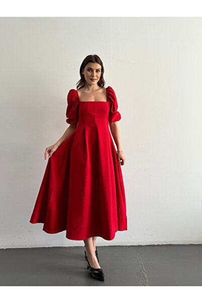Afiş Butik Square Neck Pleated Midi Length Dress
