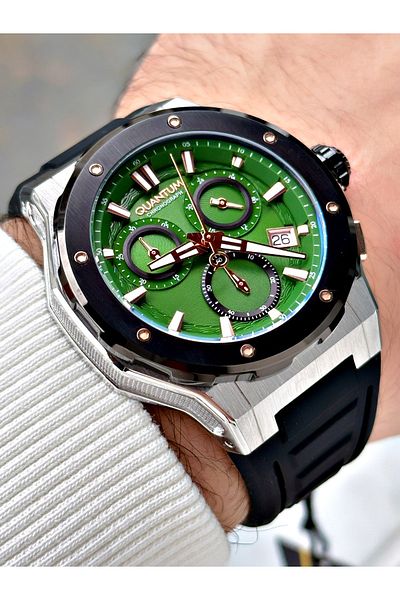 Quantum Functions Active Black-Green Color Silicone Cord Steel Case Men Wrist Watch 1082.371