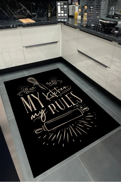 Bordo Halı SİYAH Yıkanabilir Kaymaz Taban Halı Mutfak Dekor Yolluk Koridor Ha...