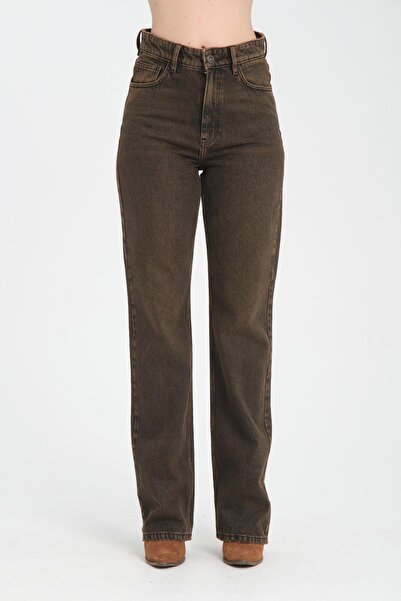 Store Yüksek Bel Fermuarlı Wideleg Fit %100 Pamuk Jean Pantolon
