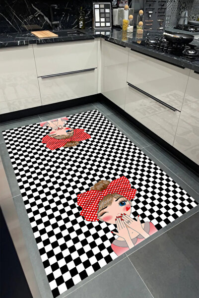 Bordo Halı BEYAZ SİYAH Yıkanabilir Kaymaz Taban Halı Salon Dekor Yolluk Korid...