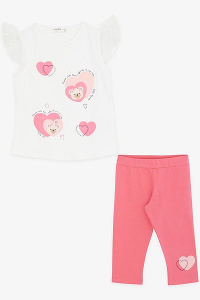 Breeze 1.5-5 Years Old Girl Ecru Capri Tights Embroidery Laced Teddy Bear Printed Set