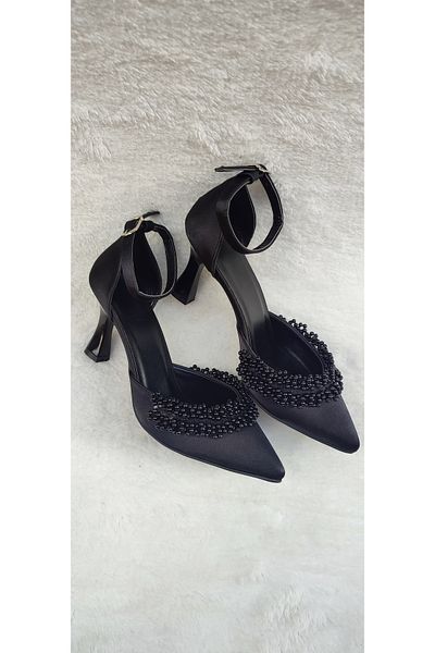 Berush Bride Women's Black Pearl Satin Heeled Evening Shoes