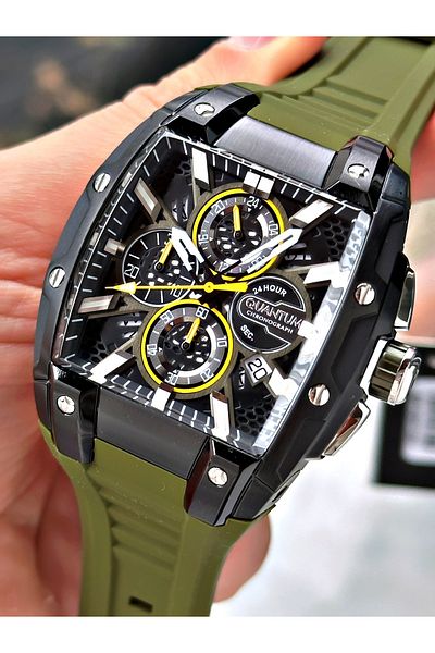 Quantum Function Green Color 5 Atm Waterproof Silicone Cord Steel Case Men Wrist Watch 1161