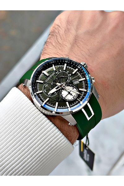 Quantum Function Green Color Silicone Cord Steel Case Men Wrist Watch 560.338