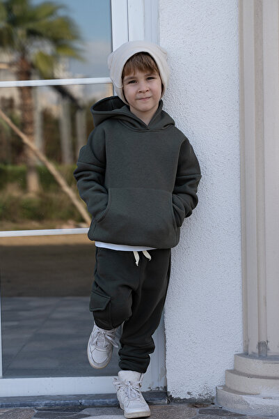 Catz Kids Khaki 3 Thread Raised Hooded Tracksuit Set