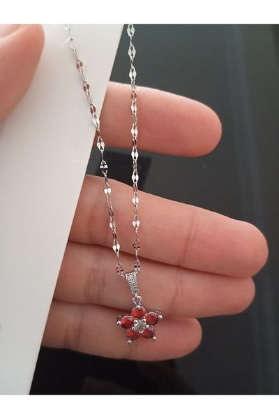 staınless steel Red Stone Flower Pattern Stainless Steel Necklace