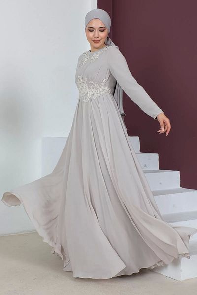 PHELDA Waist Detailed Hijab Evening Dress 716-beige