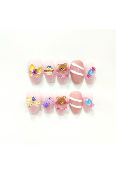 PİRAYE AKSESUAR 10'lu Şeker Pembe Kristal Ayıcık Charmlı Kısa Badem Model Tak...