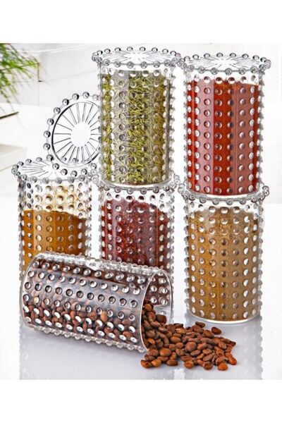 Çavdar Group Set of 6 Bead Patterned Jars with 6 Lids Bead Storage Container Spice Rack