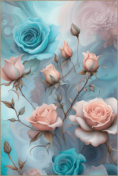 Rugs Modern Halı Mavi Ve Pembe Temalı Floral Çiçek Gül Desenli Kreatif Modern...