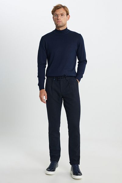 ALTINYILDIZ CLASSICS Men's Navy Blue Woolen Slim Fit Slim Fit Waist Tied Diagonal Print Side Pocket Casual Pants