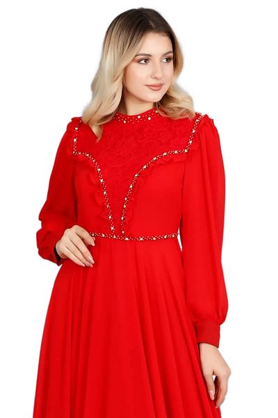 lodmela Frill and Lace Detailed Hijab Evening Dress 726-red