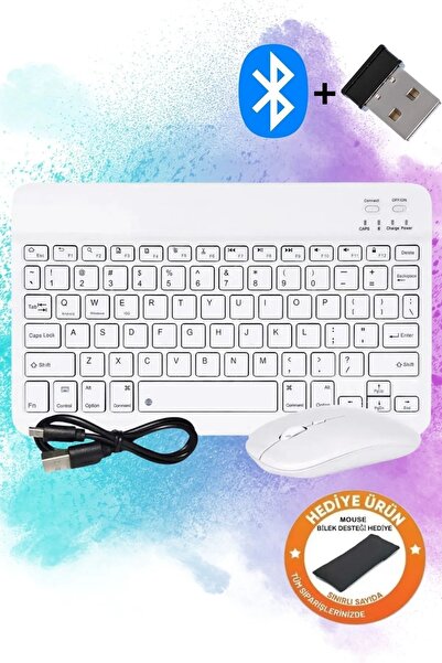 Zineets Beyaz Kablosuz Şarjlı Bluetooth Klavye Mouse Seti Ultra Slim Tablet Telefon Windows Uyumlu