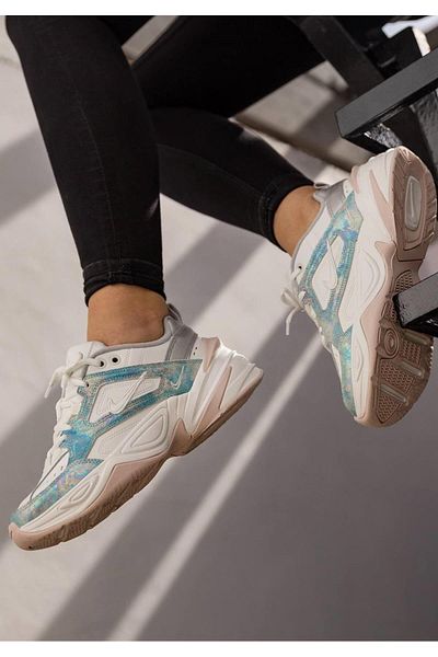 Nike M2K Tekno Unisex Sneaker - Genuine Leather, White Glitter Blue, Height 4cm
