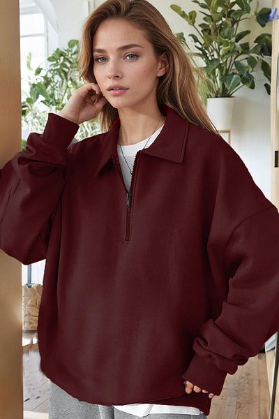 Millionaire Women's Burgundy Half Zipper Polo Neck 3 Thread Fleece Inside Raised Oversize Sweatshirt