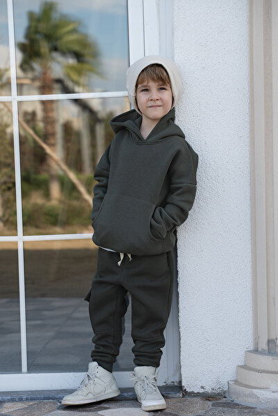 Catz Kids Khaki 3 Thread Raised Hooded Tracksuit Set